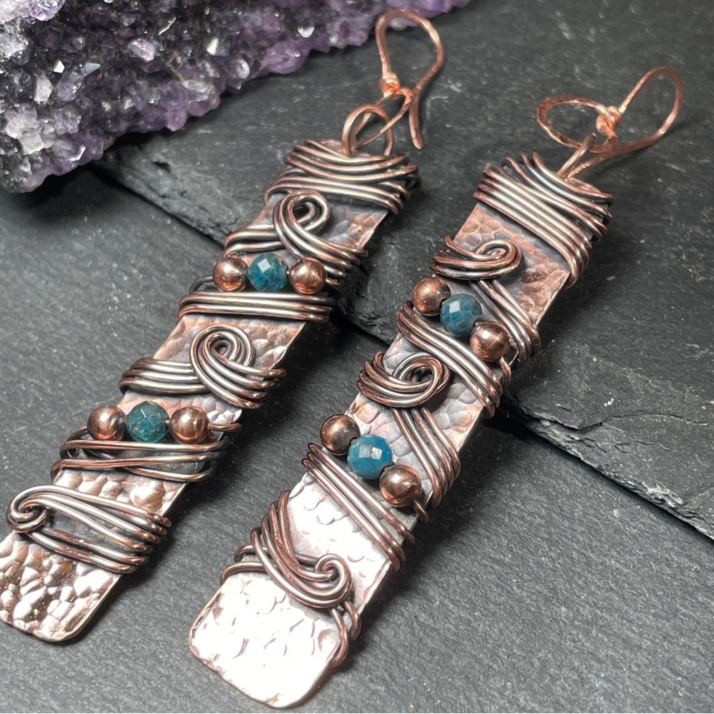 Long Copper and Teal Apatite Crystal Swirling Wire Wrapped Dangle Boho Earrings - Picture 9 of 11